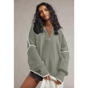 Saukole Vogue Womens Oversized Moss Green Quarter Zip Raw Hem Boho Sweater L NEW